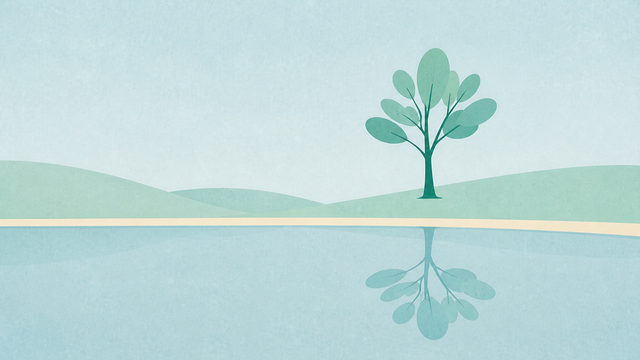 Single green tree reflected in blue water beneath low hills.