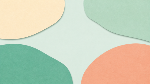 Large overlapping green, cream, and light coral forms with generous open space.