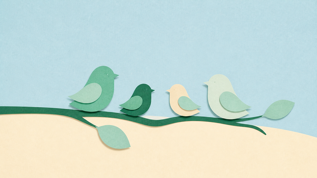 Four paper-cut birds gathered along the same branch beneath a blue sky.