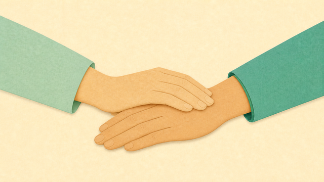 One hand resting gently on another in a supportive gesture.