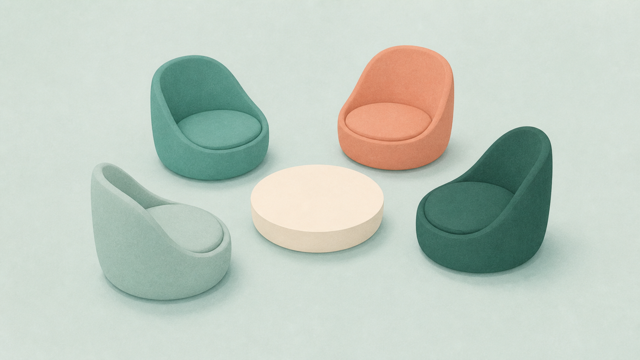 Four different therapy chairs arranged around a low round table.