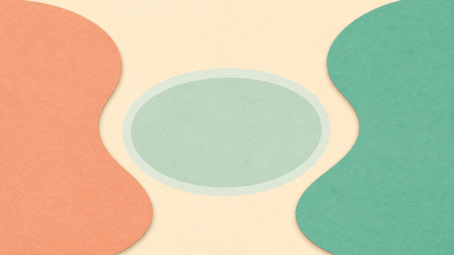 Two abstract seats facing a quiet central space in coral and green.
