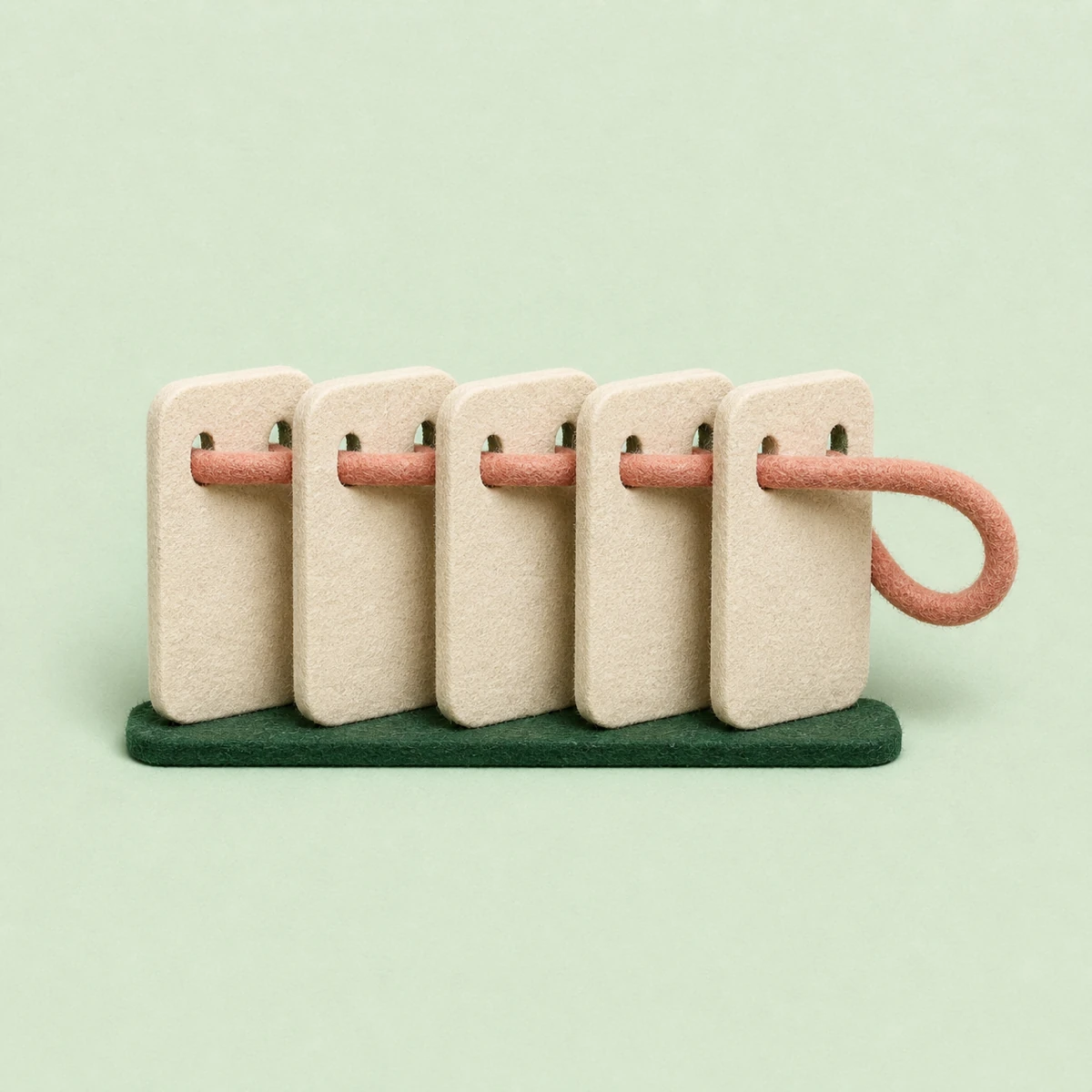 Five cream felt panels connected by one continuous muted-coral thread