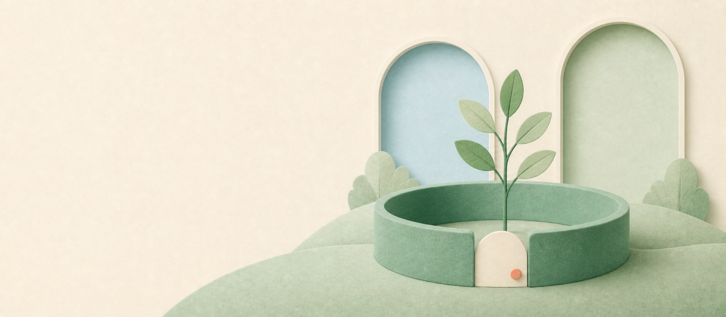A young plant growing inside an open circular form with two Austin-inspired niches behind it.