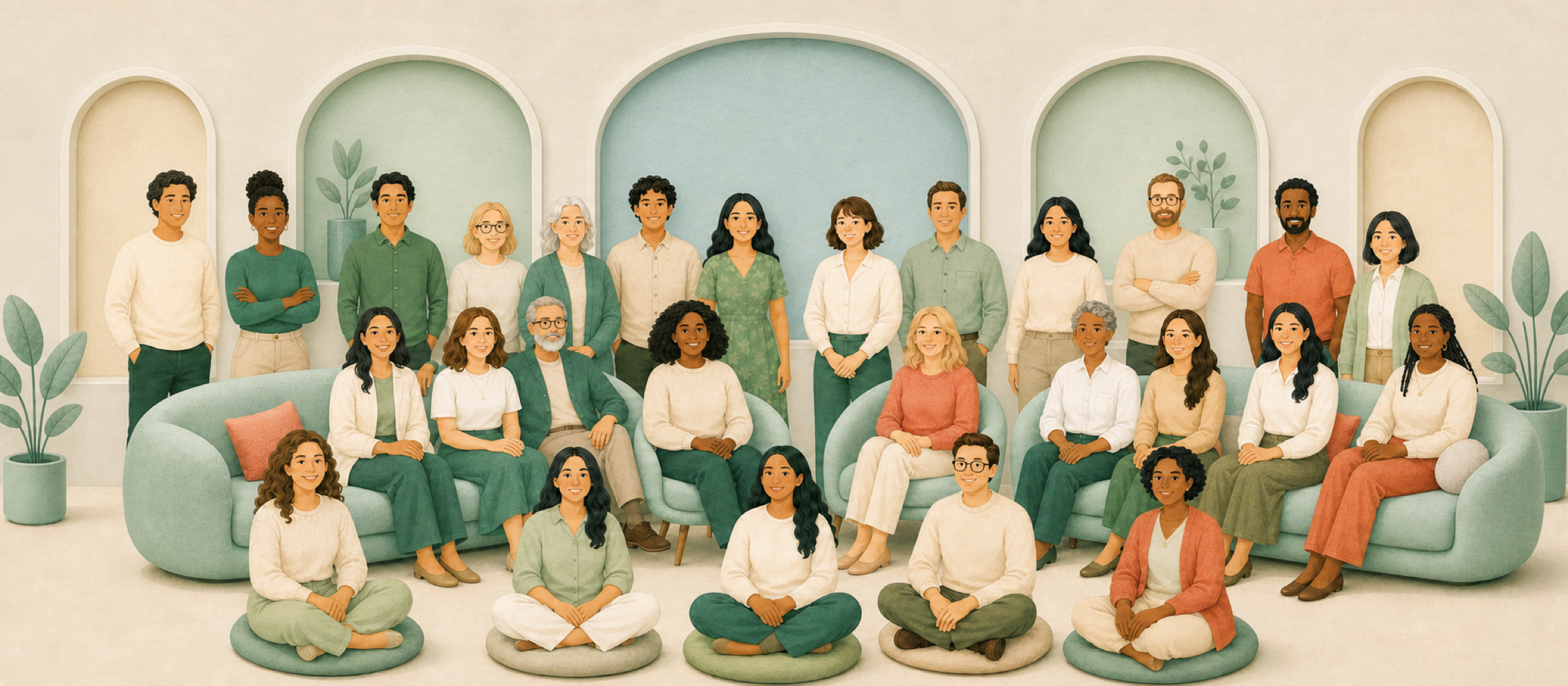 An editorial illustration of a diverse team of therapists gathered in a calm counseling space.