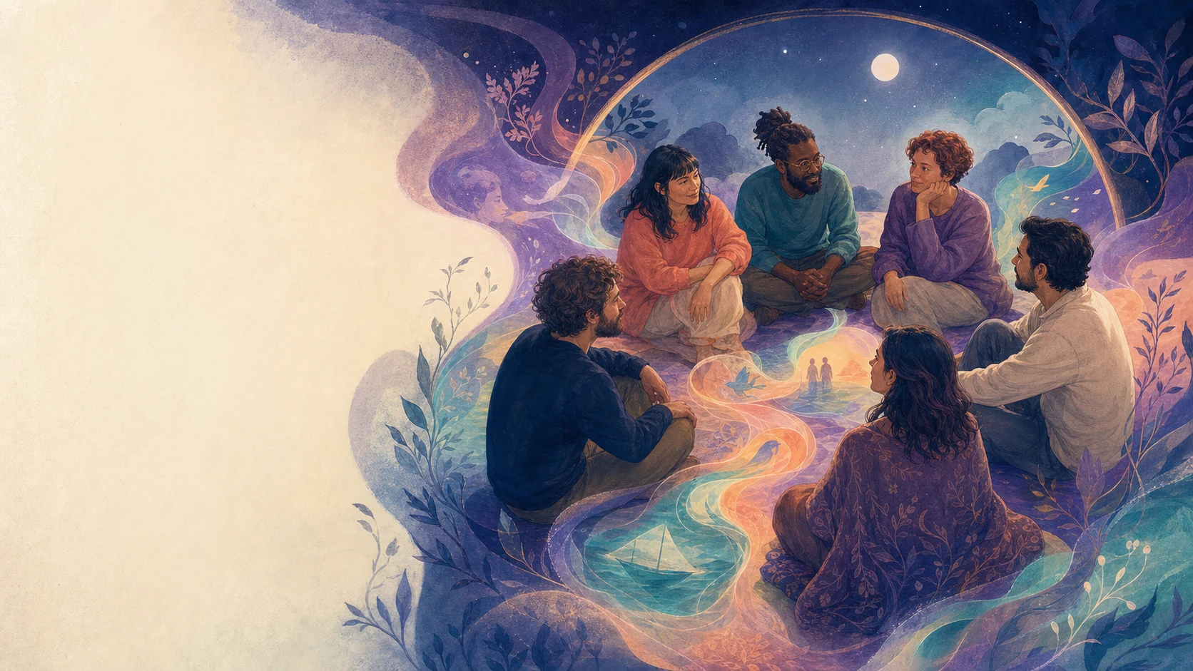 An illustrated circle of six people seated together under a moonlit arch, sharing a dream.