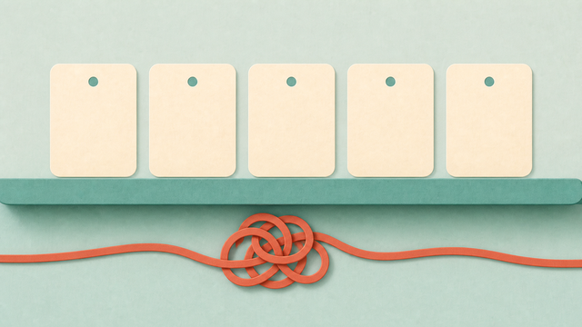 Five orderly cards above a thick coral cord tangled in the center.