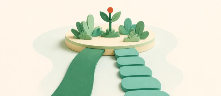 Two paper-craft paths — a smooth ribbon road and a line of stepping stones — both arriving at the same small circular garden with a single coral flower.