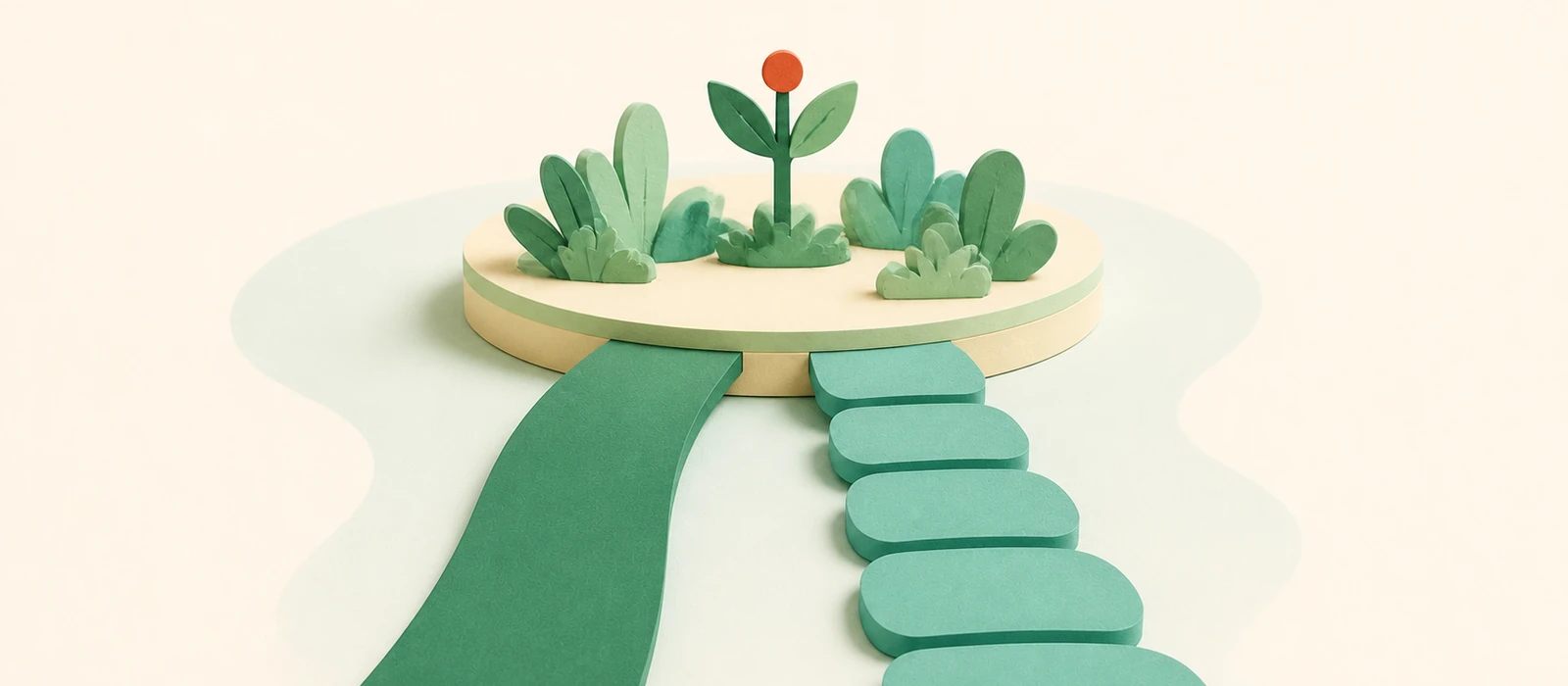 Two paper-craft paths — a smooth ribbon road and a line of stepping stones — both arriving at the same small circular garden with a single coral flower.