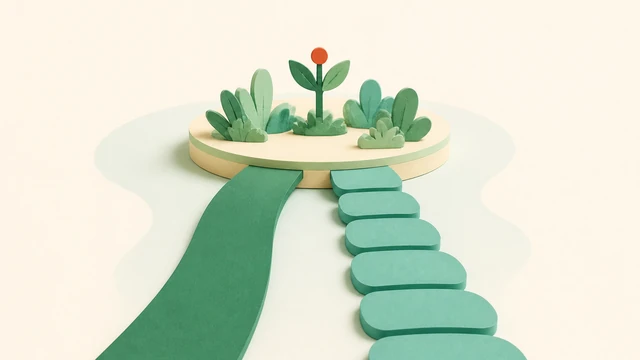 Two paper-craft paths — a smooth ribbon road and a line of stepping stones — both arriving at the same small circular garden with a single coral flower.