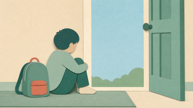 Child sitting beside a backpack at an open doorway beneath a blue sky.