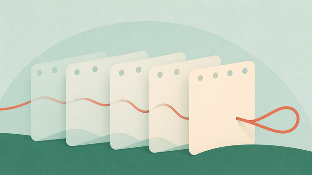 Translucent cards crossed by a continuous coral line that becomes visible at the end.