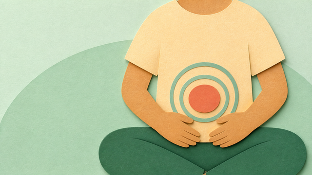 Child holding their stomach inside soft concentric coral and green shapes.