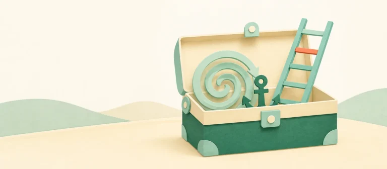 A cut-paper toolbox containing a breathing spiral, grounding anchor, and short ladder with one coral rung.