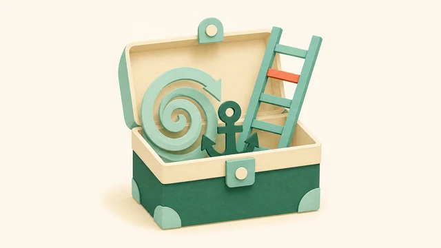 A cut-paper toolbox containing a breathing spiral, grounding anchor, and short ladder with one coral rung.