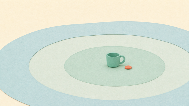 Small coral point centered within quiet pale green concentric circles.
