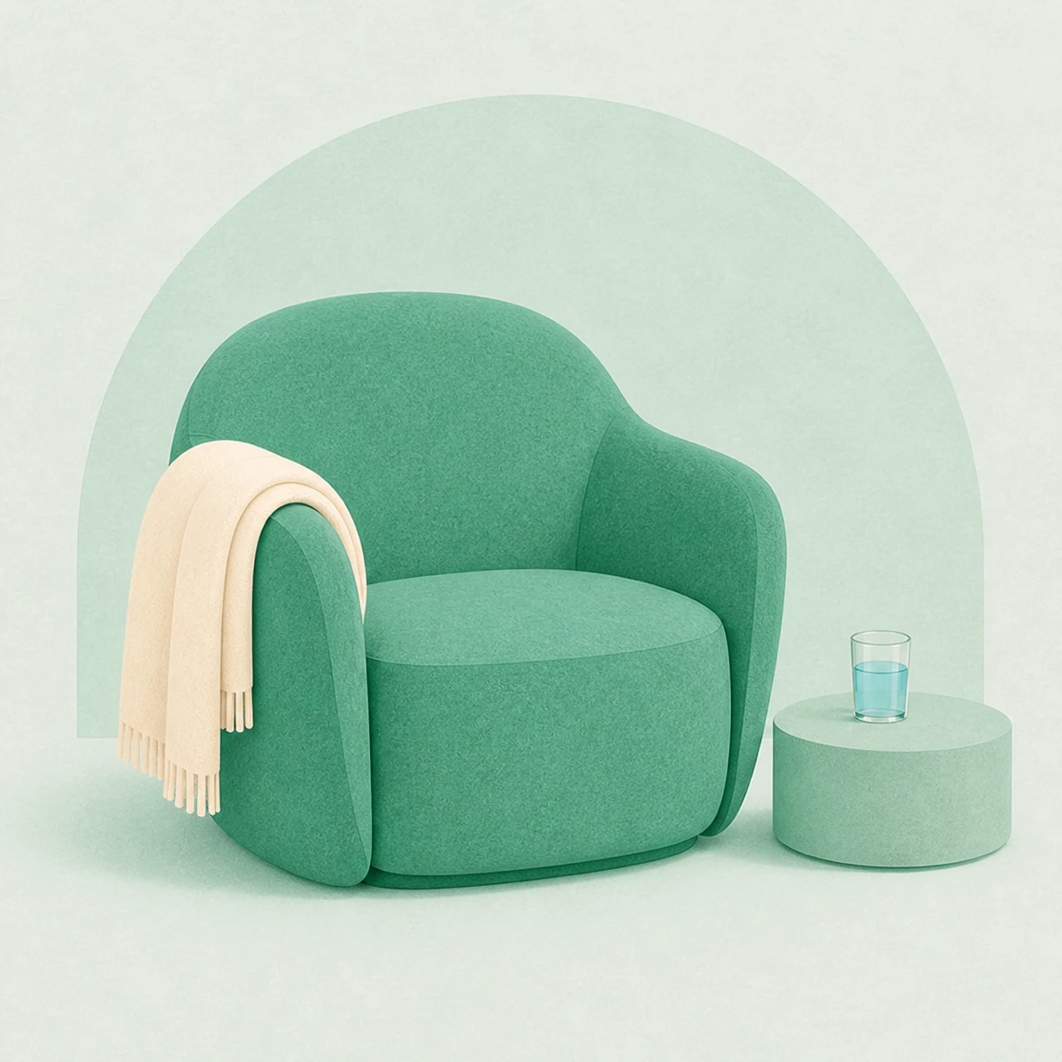 Soft green felt armchair with a cream fringed blanket over one arm and a glass of water on a round side table — calm textured illustration