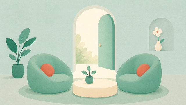 Quiet therapy room with two green chairs, plants, and an open doorway.