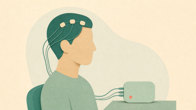 Person in profile wearing microcurrent neurofeedback sensors beside a small device.