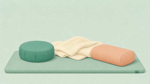 Green meditation mat with a round zafu, folded blanket, and coral bolster.