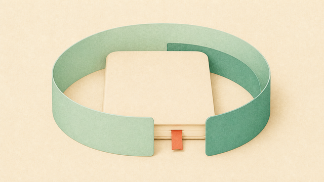 Closed notebook protected inside an open circular green band.