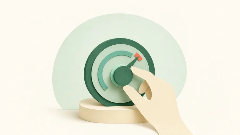 A paper-craft hand gently adjusting a green thermostat dial whose needle points to a small coral marker.