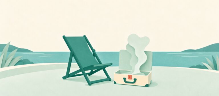 An empty teal deck chair beside an open suitcase with pale mist rising from it.