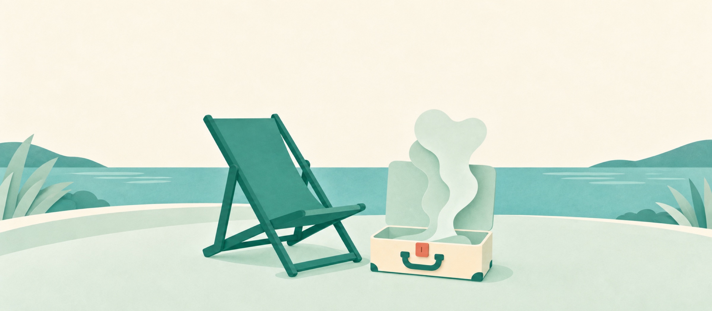 An empty teal deck chair beside an open suitcase with pale mist rising from it.